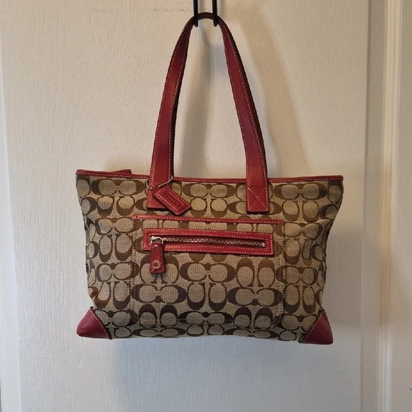 Coach Tan Signature Canvas Tote with Red Leather Trim Vintage K1J-6082 - Picture 15 of 15